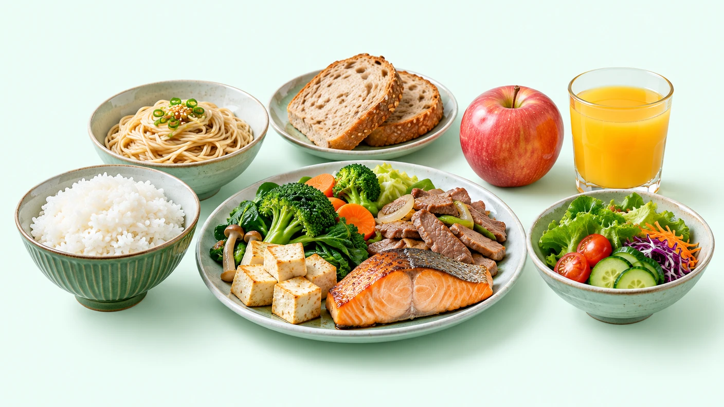 밥과 면, 빵, 과일과 주스를 채소 및 단백질 식품과 함께 놓아 탄수화물의 양과 한 끼 구성을 함께 살피는 혈당 관리 식단을 보여줍니다.